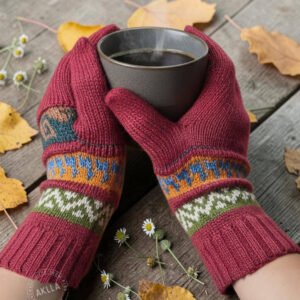 Hands wearing handmade alpaca wool gloves in burgundy holding steaming coffee cup on wooden table with autumn leaves