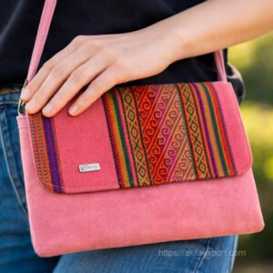 Woman wearing handmade boho bag in pink suede with Andean textile flap as crossbody outdoors
