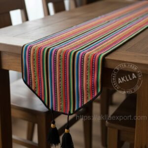 handmade colorful table runner on wooden dining table