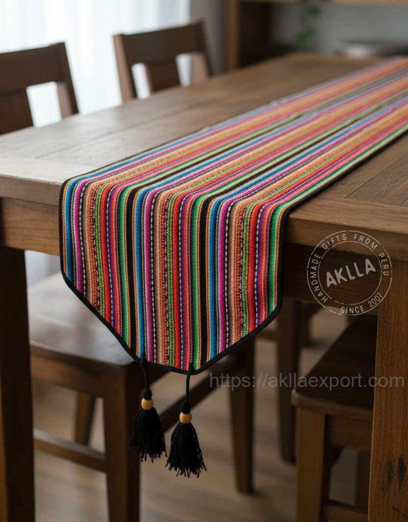 Handmade Table Runner Peru handmade colorful table runner on wooden dining table