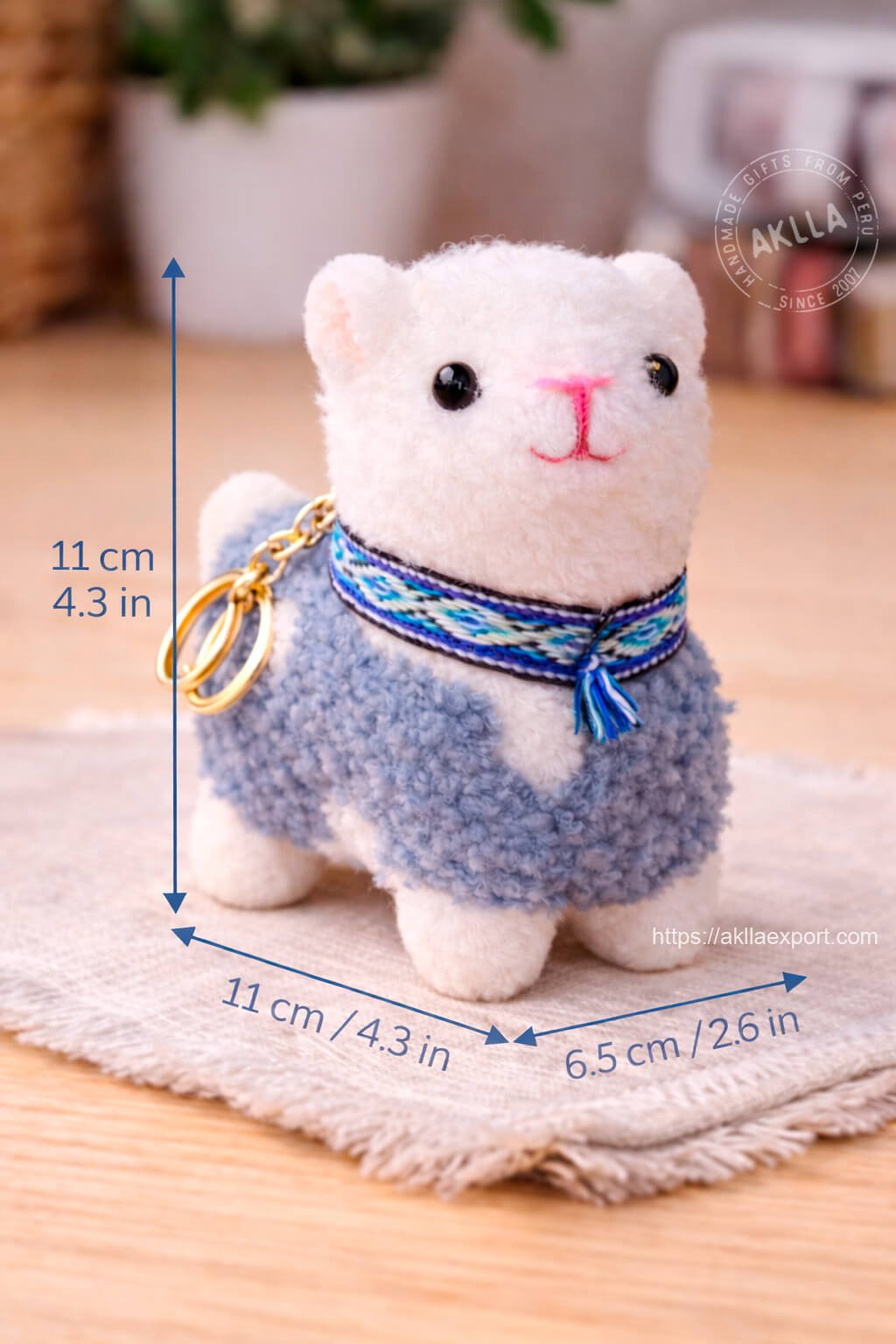 Llama Stuffed Toy Keychain Blue – Size Reference and Dimensions Blue llama stuffed toy keychain with dimensions shown handmade plush Andean detail
