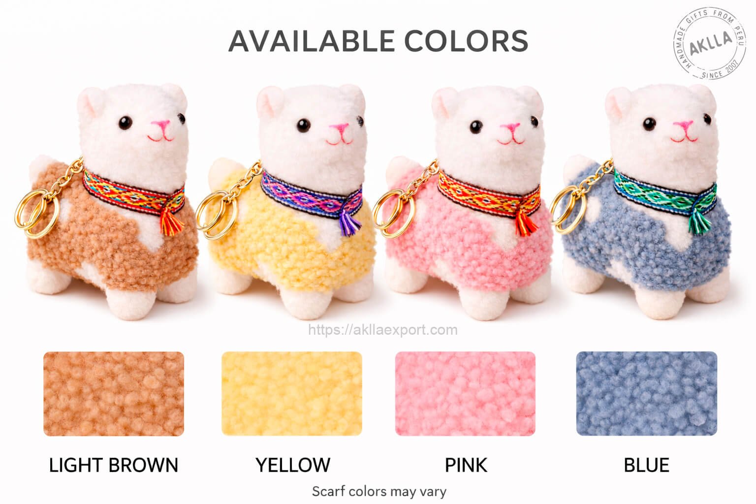 Llama Stuffed Toy Keychain – All 4 Color Options Light Brown Yellow Pink Blue Llama stuffed toy keychain available in 4 colors light brown yellow pink and blue with color swatches