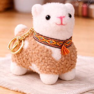 Llama stuffed toy keychain light brown color with Andean textile band blue tassel and gold keyring
