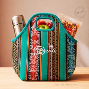 Peruvian Andean textile lunch bag Model A filled with food showing insulated tote in vibrant pattern