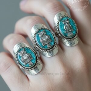 Three handmade turquoise rings with owl design in alpaca silver worn on hand showing oval setting and floral band detail