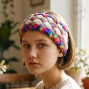 Young woman wearing handmade knit winter headband in multicolor vibrant braided design indoors at cafe