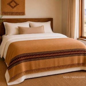 Alpaca blanket in terracotta with woven llama band draped over bed in warm boho bedroom setting