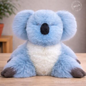 Handmade alpaca stuffed animal koala in powder blue alpaca fur sitting on wooden table showing full detail