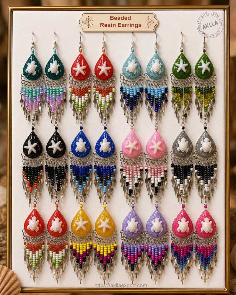 Beaded Earrings Handmade – All 11 Colors and 2 Designs Starfish and Turtle Display Board Handmade beaded earrings in 11 colors and 2 designs starfish and turtle displayed on retail board