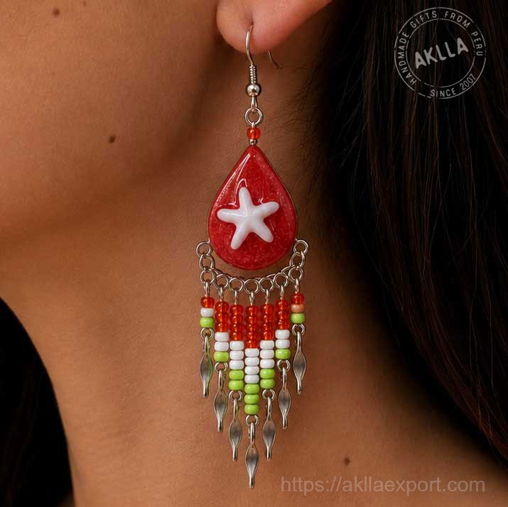 Beaded Earrings Handmade – Side Profile Detail Shot Starfish Resin and Bead Fringe Side profile close-up of handmade beaded earrings showing resin teardrop starfish bead fringe and silver leaf detail
