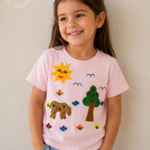 Girl wearing hand embroidered children's t shirt in pink with sun calf tree and flower scene lifestyle shot
