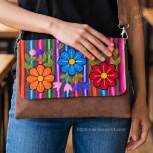 Hand embroidered bag with colorful Andean textile and suede base