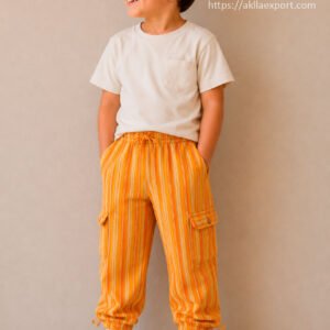 Boy wearing vibrant orange striped cargo pants with elastic waistband drawstring and cargo pockets