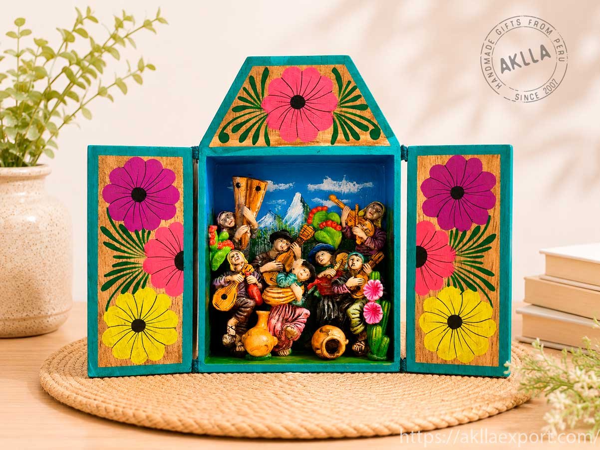 Handmade Ayacucho Retablo with Andean Musicians Ayacucho Retablo Open with Handmade Andean Musicians Scene
