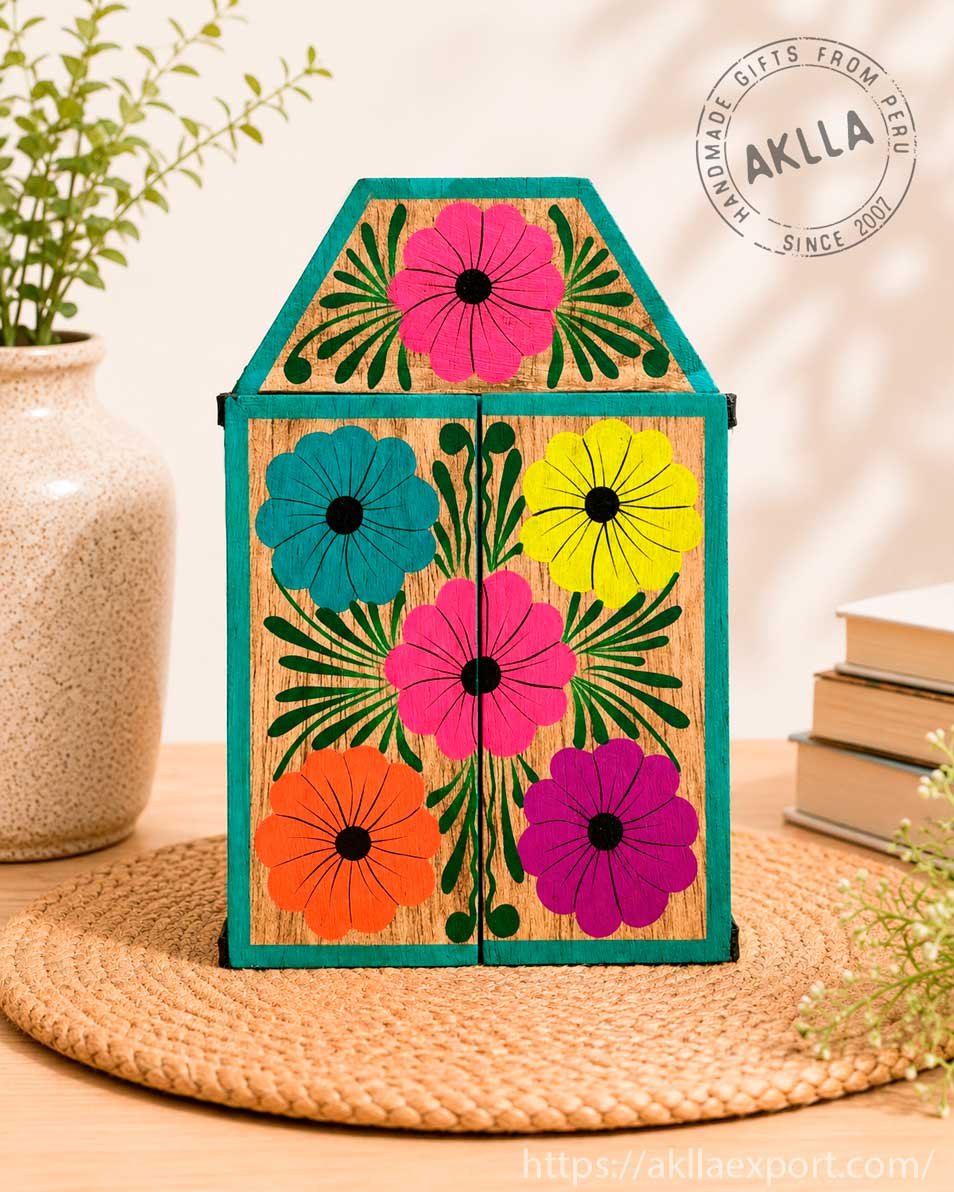 Closed Handmade Ayacucho Retablo Ayacucho Retablo Closed with Hand Painted Floral Design