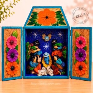 Peruvian Nativity Retablo Open with Traditional Andean Nativity Scene