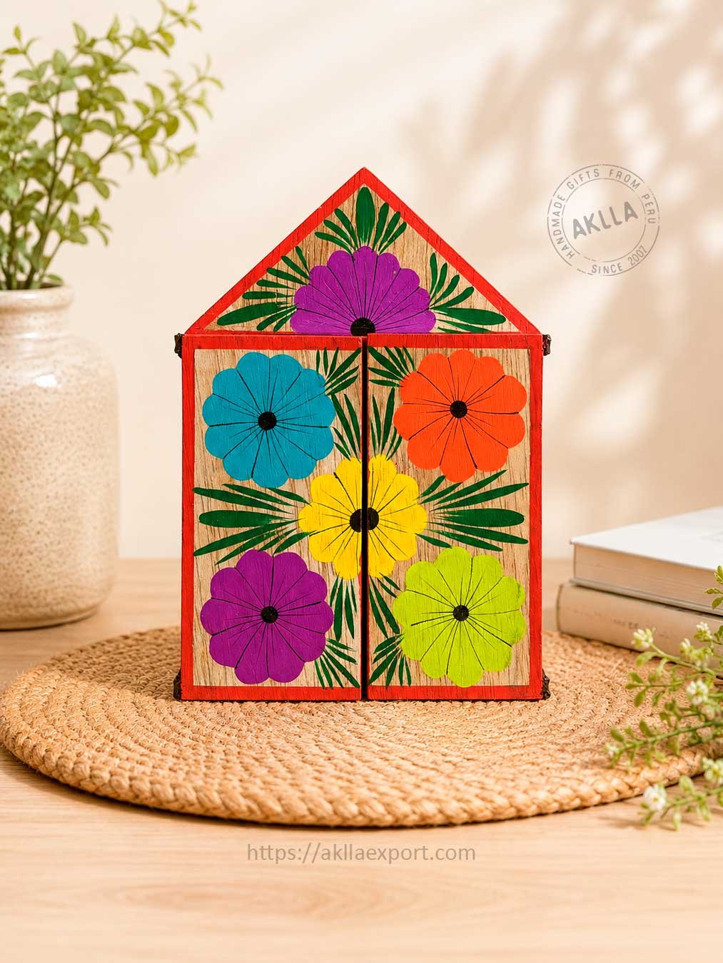 Closed Handmade Peruvian Retablo Peruvian Retablo Closed with Hand Painted Floral Design
