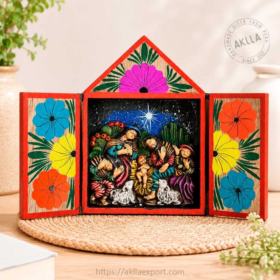 Handmade Peruvian Retablo with Nativity Scene Peruvian Retablo Open Showing Handmade Nativity Scene
