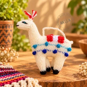 Llama stuffed toy showcasing traditional peruvian hand-knitted patterns and a woven hanging loop for winter boutique displays.