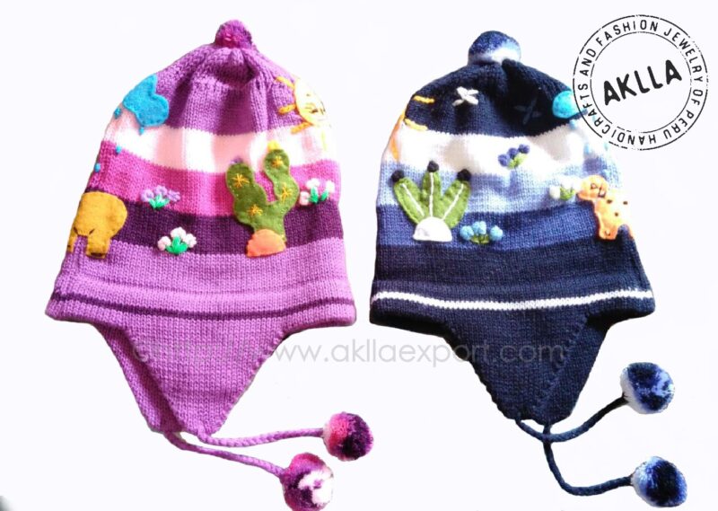 Children Wool Hat with Applications and Hand Embroidery and Pom Poms
