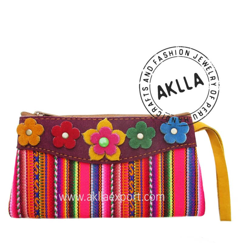 Large Andean Fabric and Leather  Coin Purse with 5 Flowers